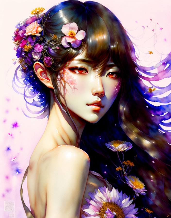 Fantasy digital art portrait of a woman with flowers, vibrant eyes, and butterflies.