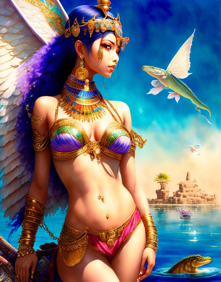 Winged woman in Egyptian attire with hummingbird in desert landscape