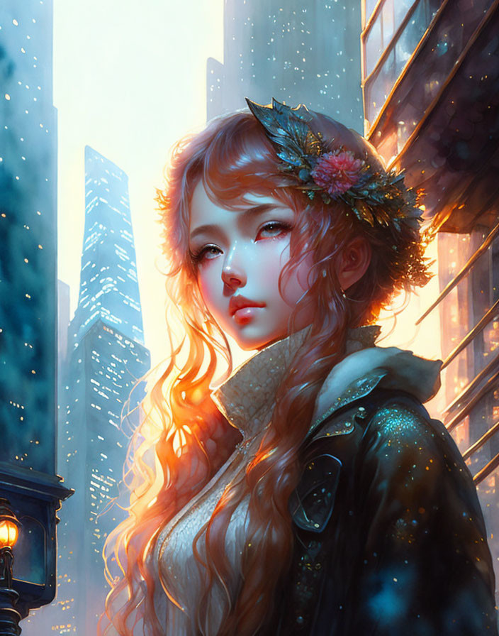 Digital art portrait of young woman with blonde wavy hair and floral headpiece against surreal cityscape.