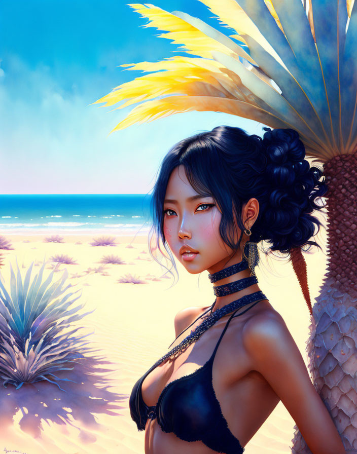 Digital artwork of woman with blue-tinted hair on beach with palm tree, ocean, clear sky