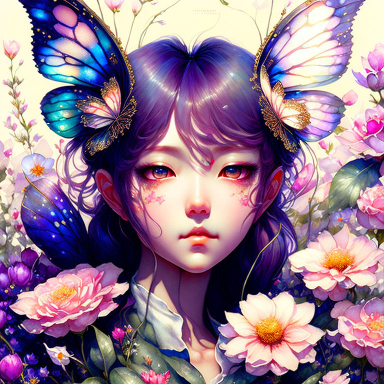 Illustrated female character with vibrant butterfly wings for ears in a colorful floral setting