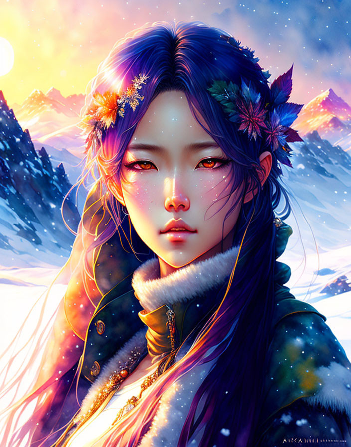 Ethereal woman with purple hair and flowers in snowy mountainscape