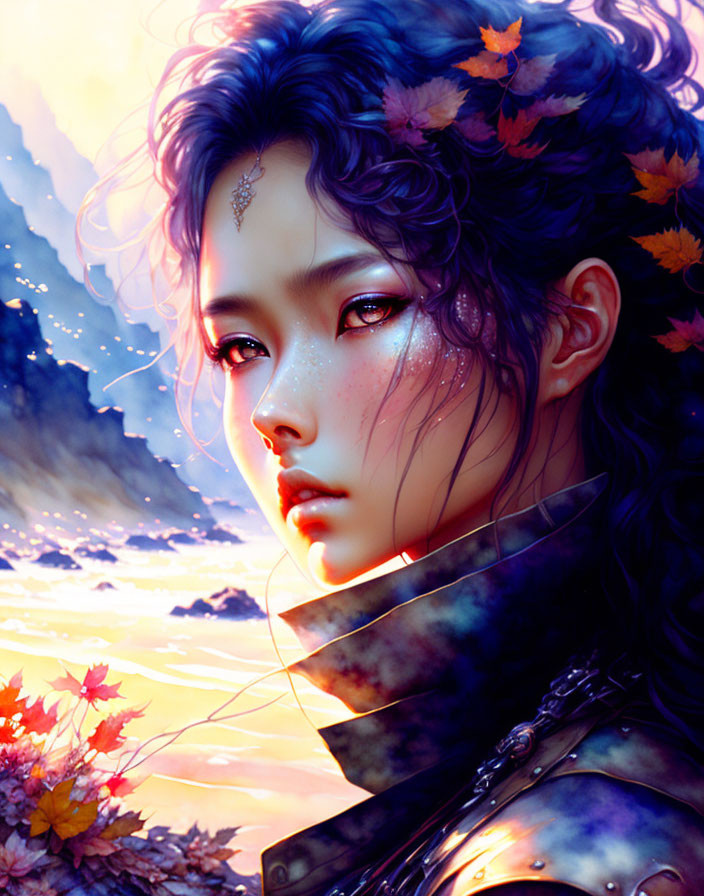 Illustrated female with floral hair, ethereal gaze, against sunset backdrop.