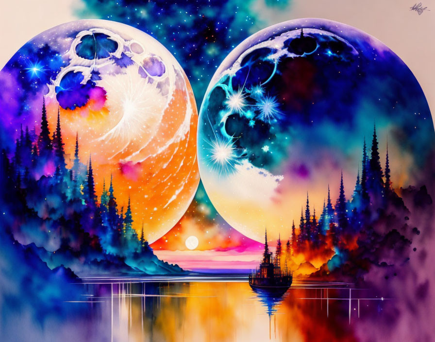 Surreal landscape with two moons, colorful forest, serene lake