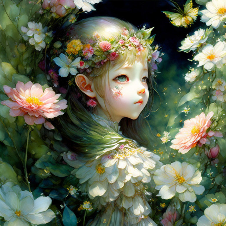 Illustration of girl with floral wreath, surrounded by flowers and butterflies.