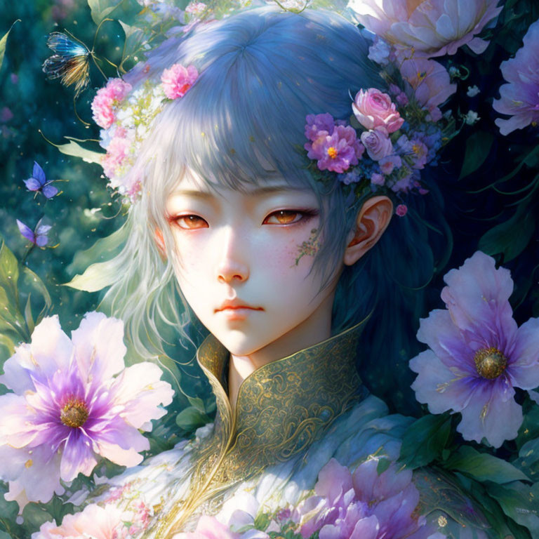 Elf-like character with floral crown and red eyes in a purple flower garden with butterfly.