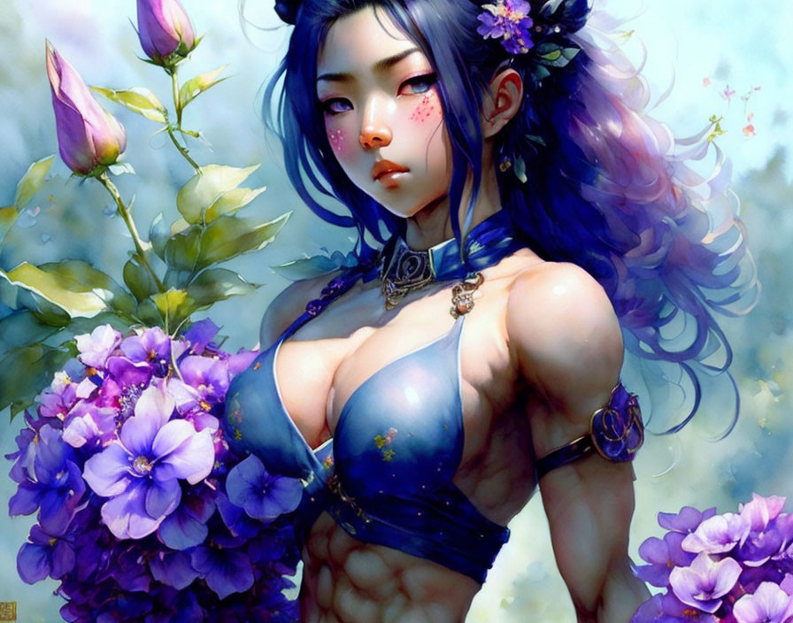 Fantastical digital illustration: Woman in blue hair and armor with purple flowers