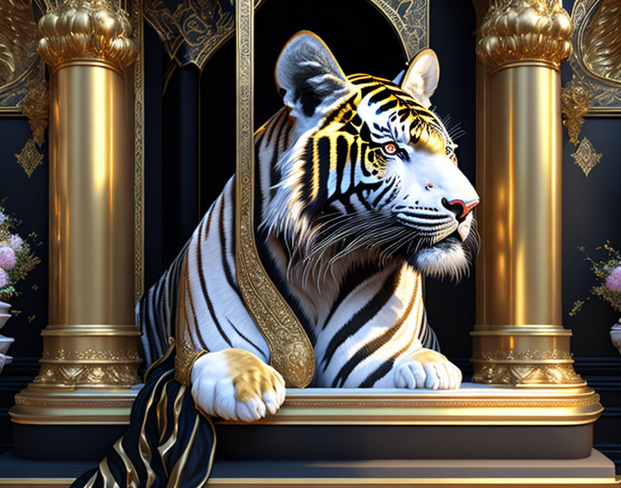 White Tiger with Black Stripes and Gold Accents Among Golden Pillars and Purple Flowers