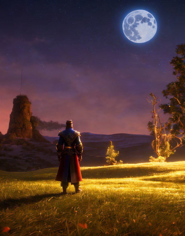 Medieval knight in armor gazes at mystical landscape with tower under starry sky