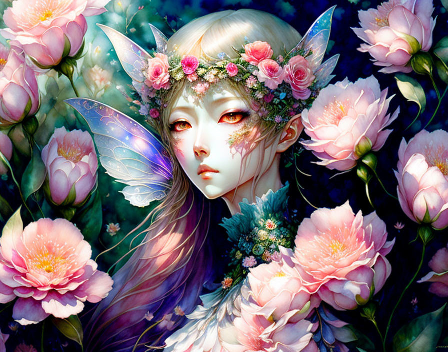 Ethereal elf with floral adornments in vibrant pink setting