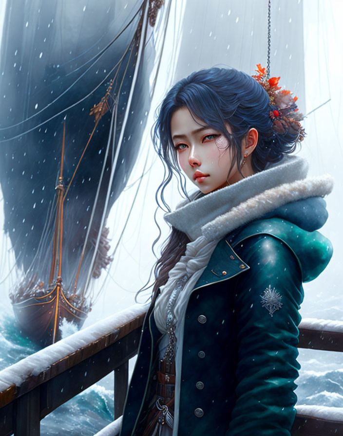 Digital artwork of woman with blue hair and red lipstick in green coat on snowy dock.