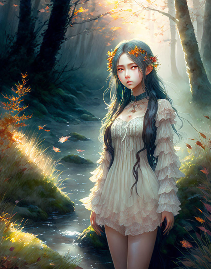 Ethereal young woman with black hair in mystical forest glade