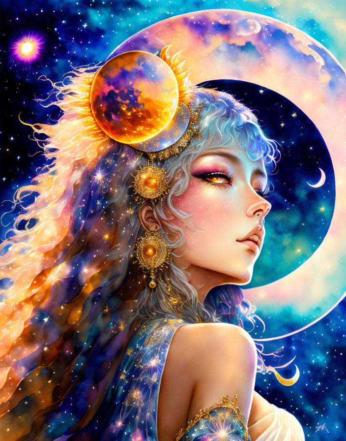 Cosmic-themed female illustration with blue hair and golden celestial accessories