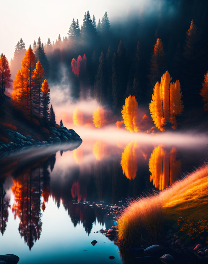 Autumn landscape: vibrant foliage, calm river, moody sky