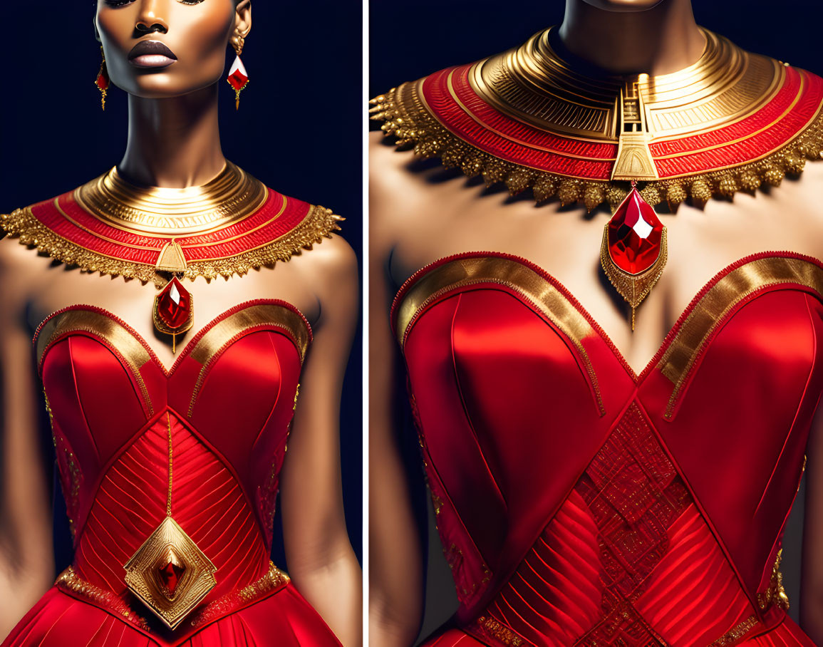 Mannequin in red gown with gold accents and gemstone necklace.