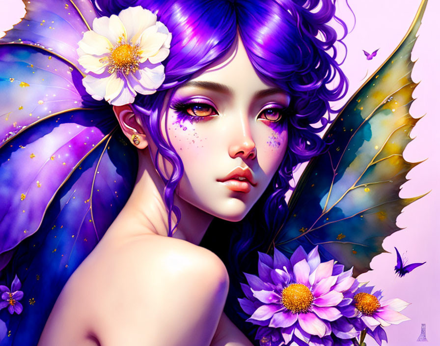 Fantasy portrait: Female character with purple hair, butterfly wings, and floral decorations