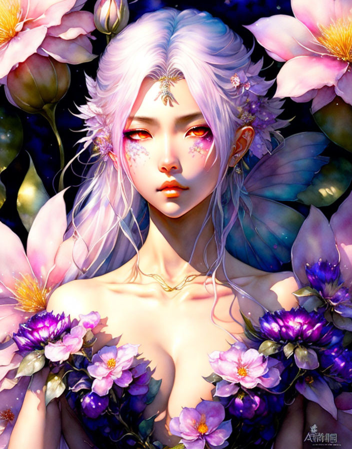 Fantasy figure with white hair and wings in pink lotus flowers