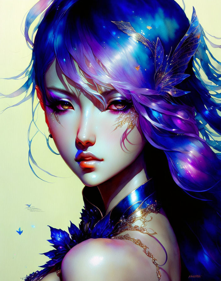 Fantasy illustration: Woman with purple & blue gradient hair, galaxy motif, feathers & butterflies.