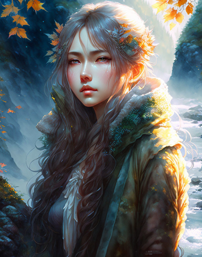 Digital portrait of woman with long wavy hair, adorned with autumn leaves, in fur-lined coat,