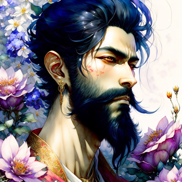 Man with Blue-Black Hair and Full Beard among Purple Flowers