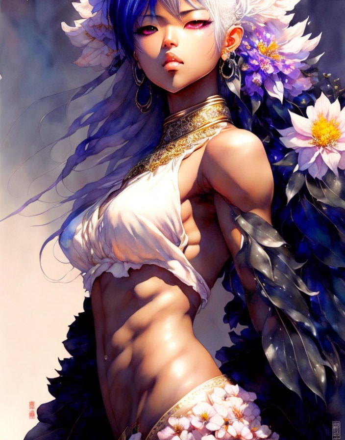 Fantasy female character with blue hair in white and pink attire, adorned with gold jewelry, amidst purple