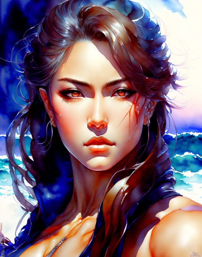 Stylized woman portrait with flowing hair against ocean backdrop