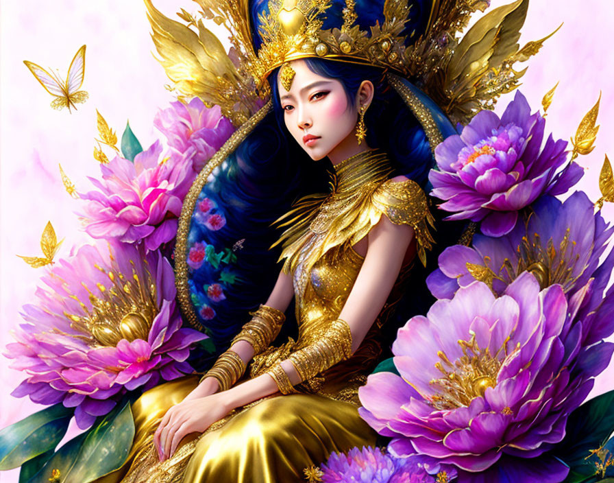 Regal female figure in golden attire among purple flowers on pink background