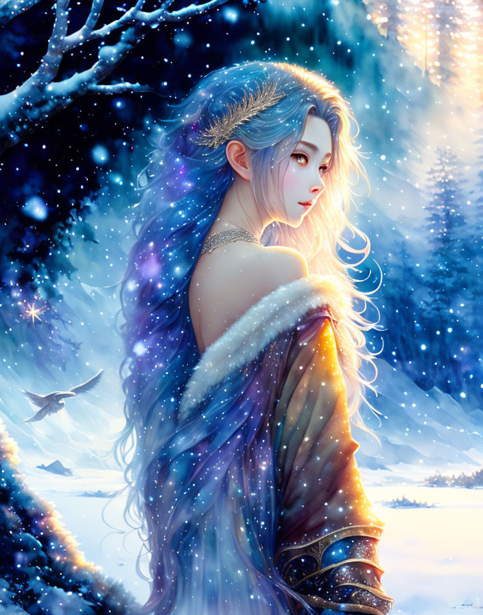 Ethereal woman with blue hair in snowy forest under starlit sky