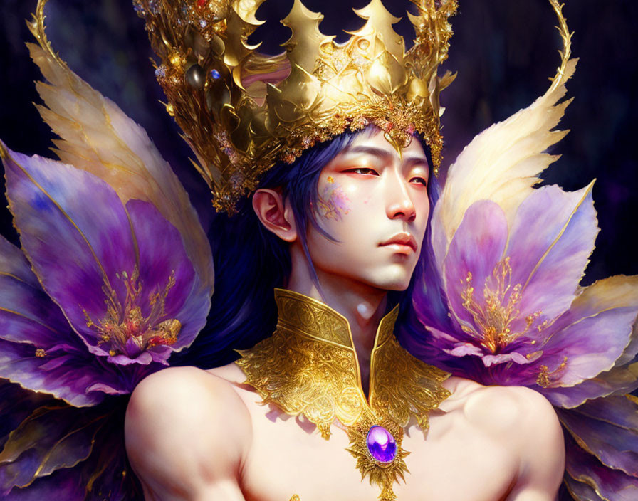 Regal figure with golden crown and purple flowers portrait