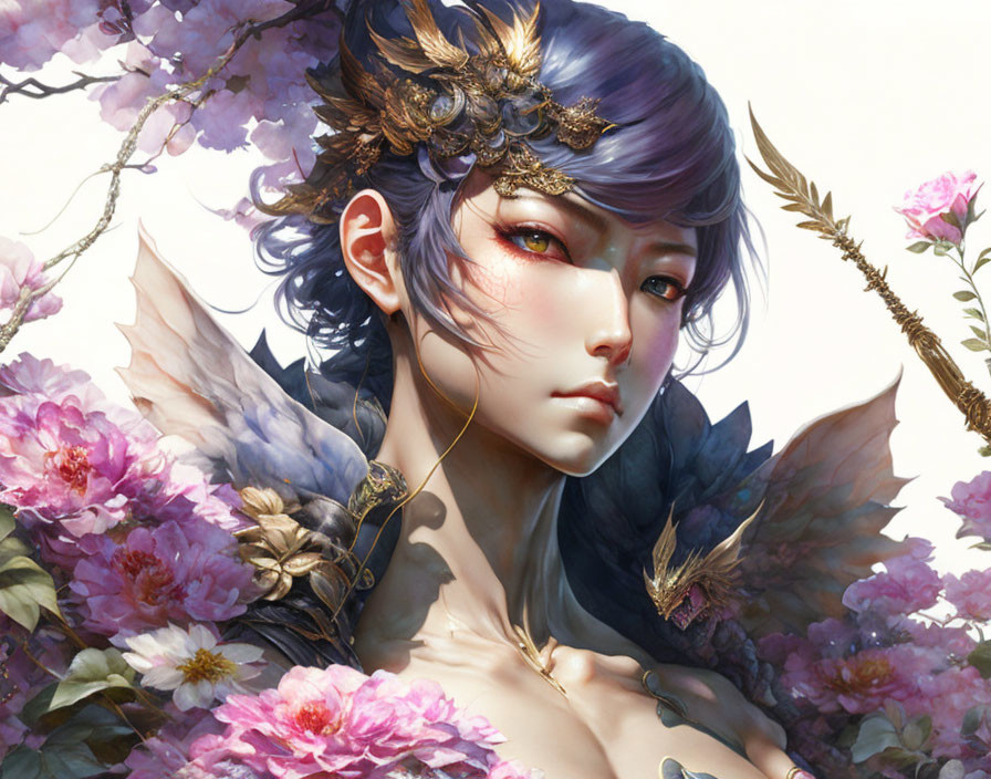 Fantasy portrait with blue hair, gold headdress, flowers, and bird wings