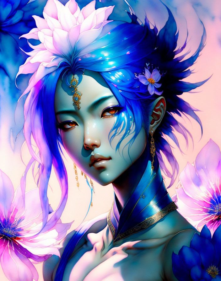 Character with Blue Hair and Floral Decor in Vibrant Illustration