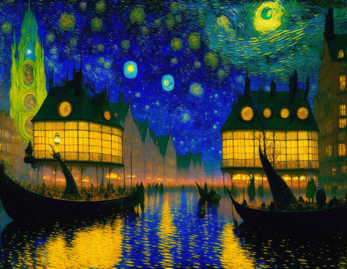 Impressionist-style painting of glowing buildings and boats under a starry night sky