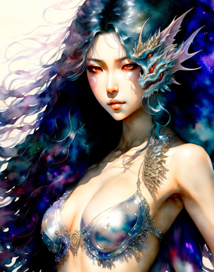 Fantasy illustration of woman with dragon features and companion in cosmic setting