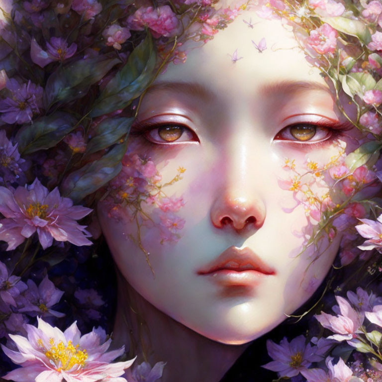 Illustration of a serene face with pink flowers and delicate petals intertwined.