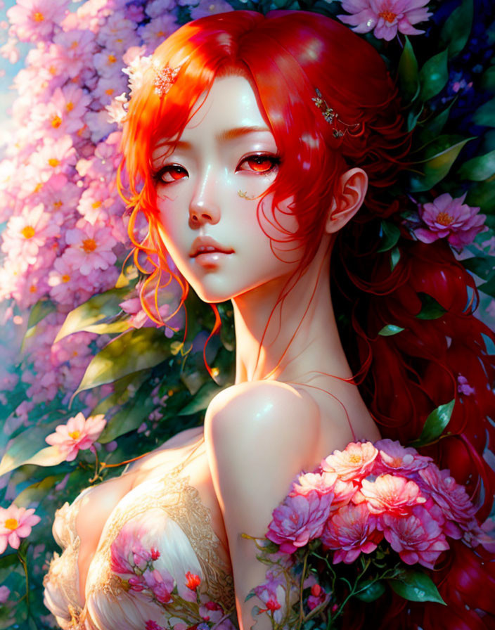 Colorful digital artwork: Red-haired woman surrounded by flowers and foliage