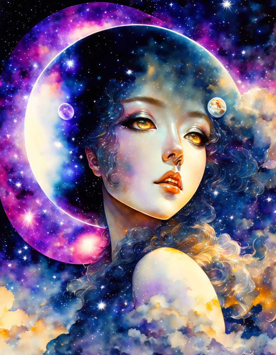 Portrait of woman with star-filled hair and crescent moon halo in cosmic theme