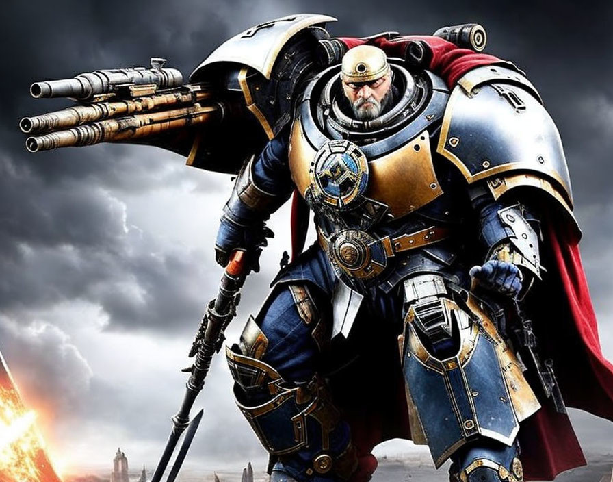 Space Marine in Power Armor with Boltgun Against War-Torn Sky