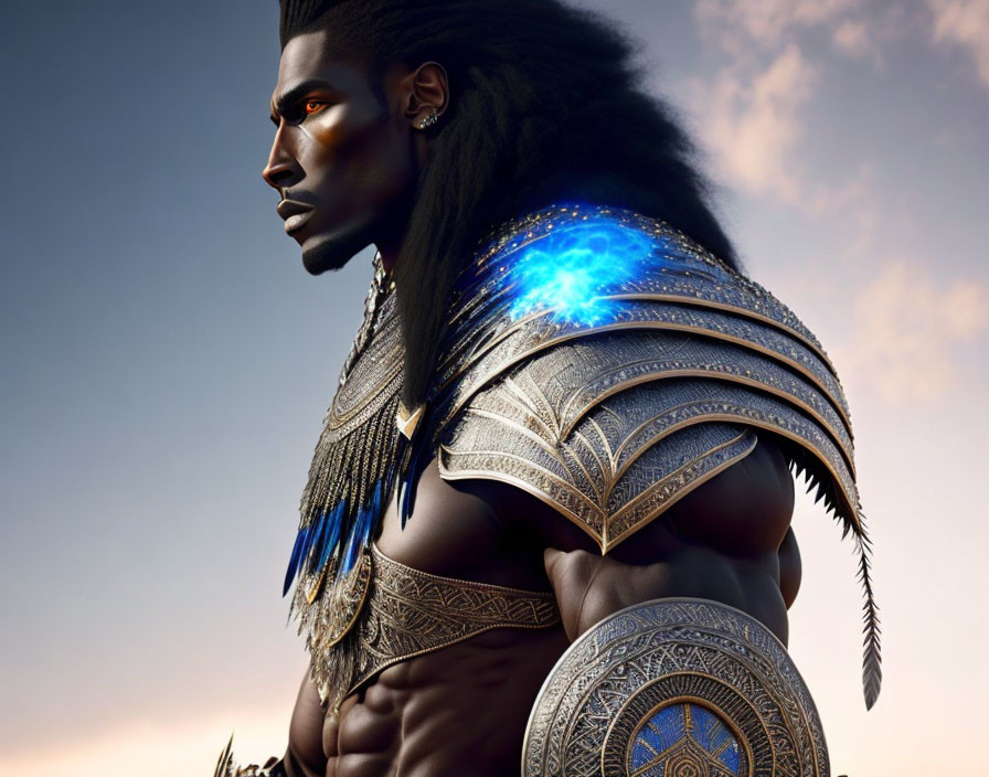 Man in Gold Armor with Ethereal Blue Glow on Chest against Twilight Sky