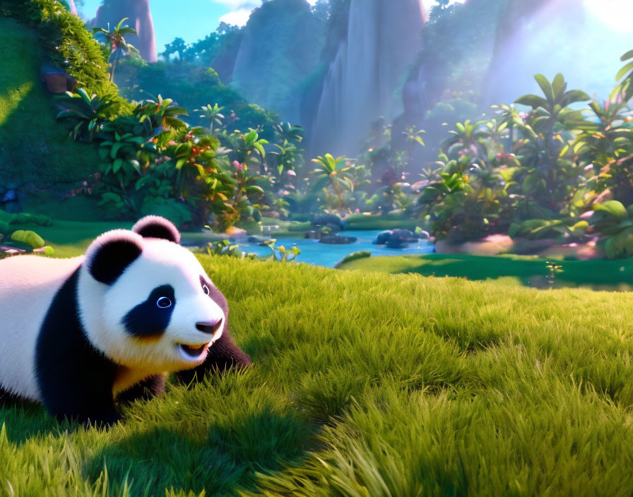 Cartoon panda in lush jungle setting with waterfall and sunlight.