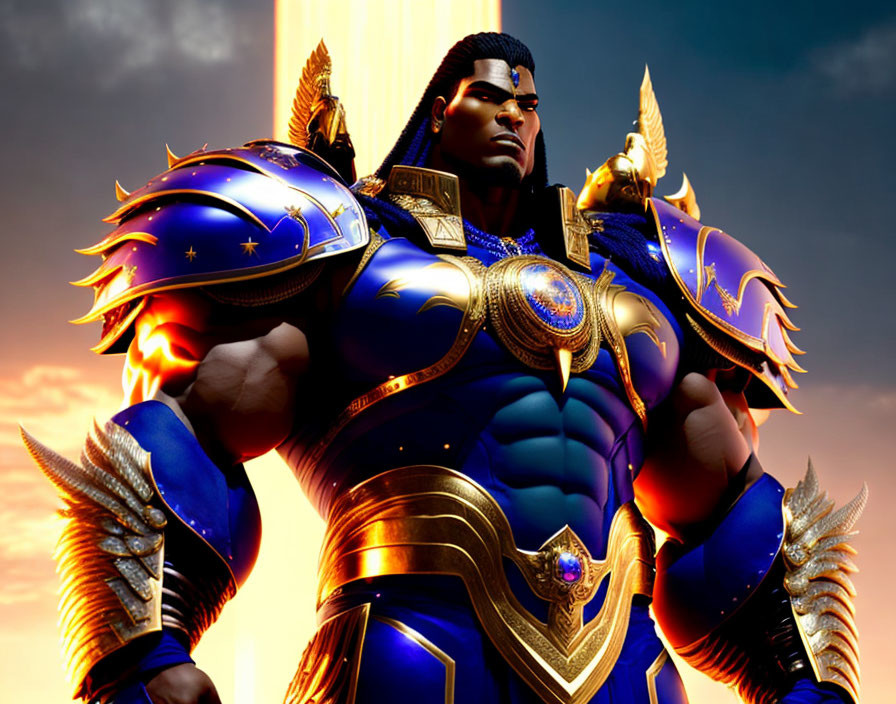 Muscular warrior in blue and gold armor against sunset sky