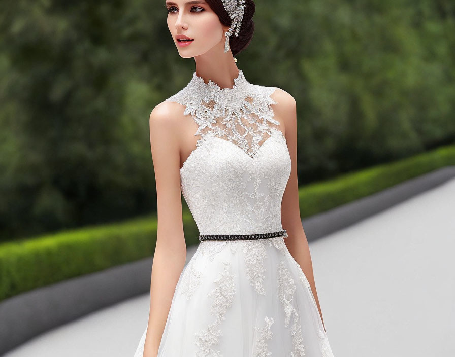 Sophisticated woman in elegant bridal gown with high neckline