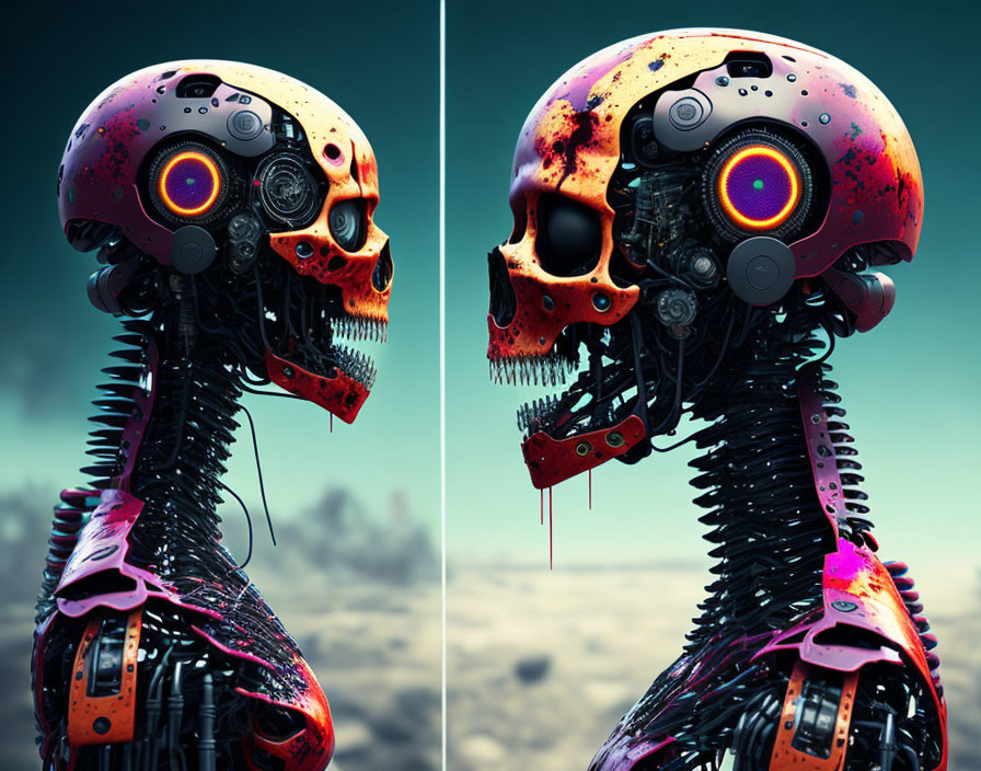 Vibrant futuristic robot skull in desert setting