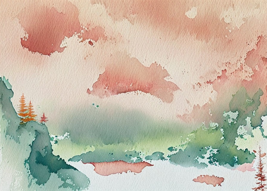 Soft Pastel Watercolor Landscape with Abstract Trees and Misty Layers