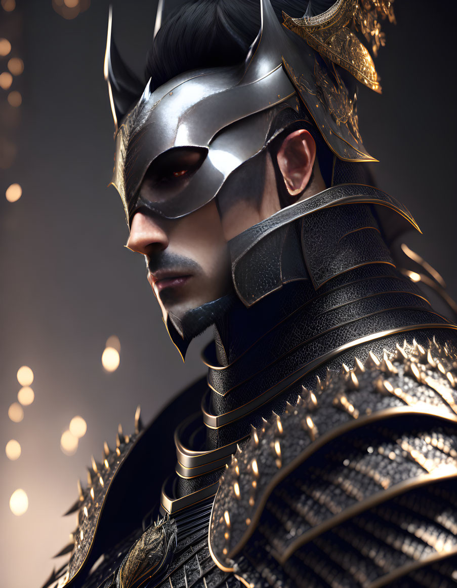 Detailed close-up of person in horned helmet and mask, elaborate armor, dark background with glowing em