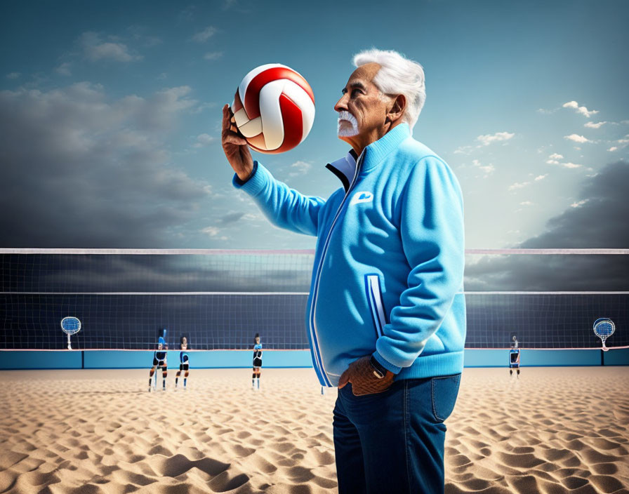 Elderly man with white hair on beach volleyball court observing players