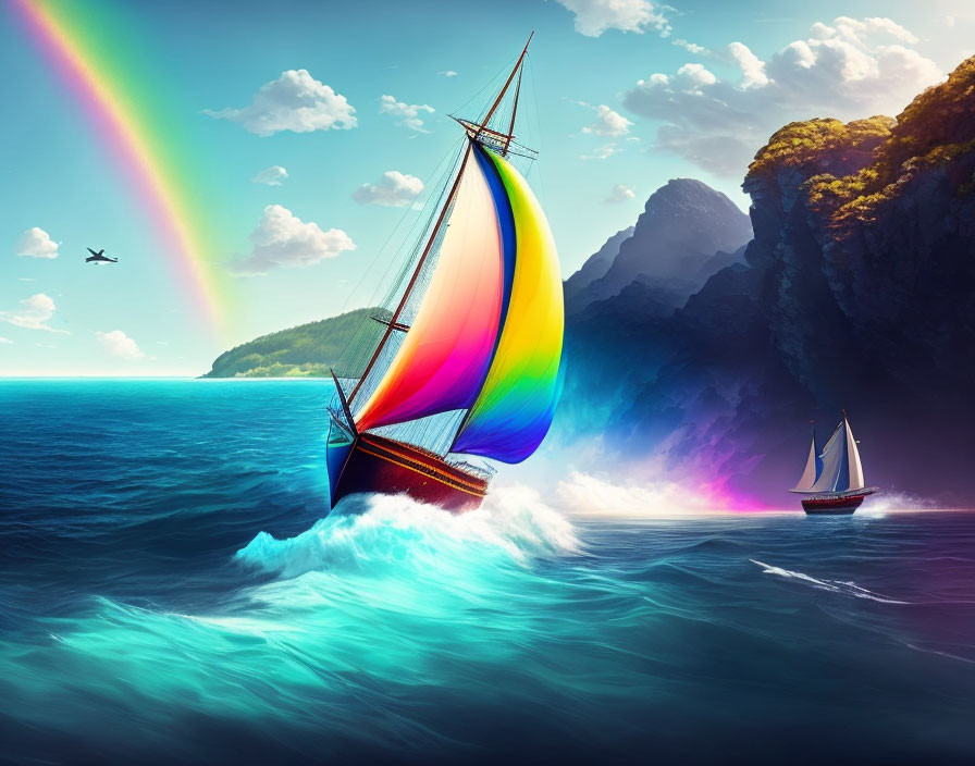 Colorful sailboat sailing on choppy waves near rocky cliff with rainbow sky & bird.