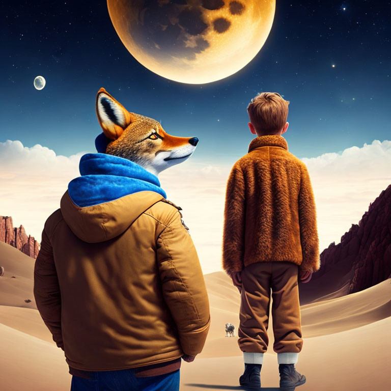 Boy and large fox in desert under giant moon and twilight sky