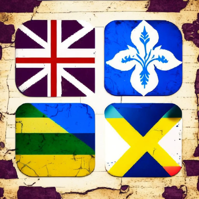 Weathered UK, Quebec, African, Nordic Cross flag icons in squares