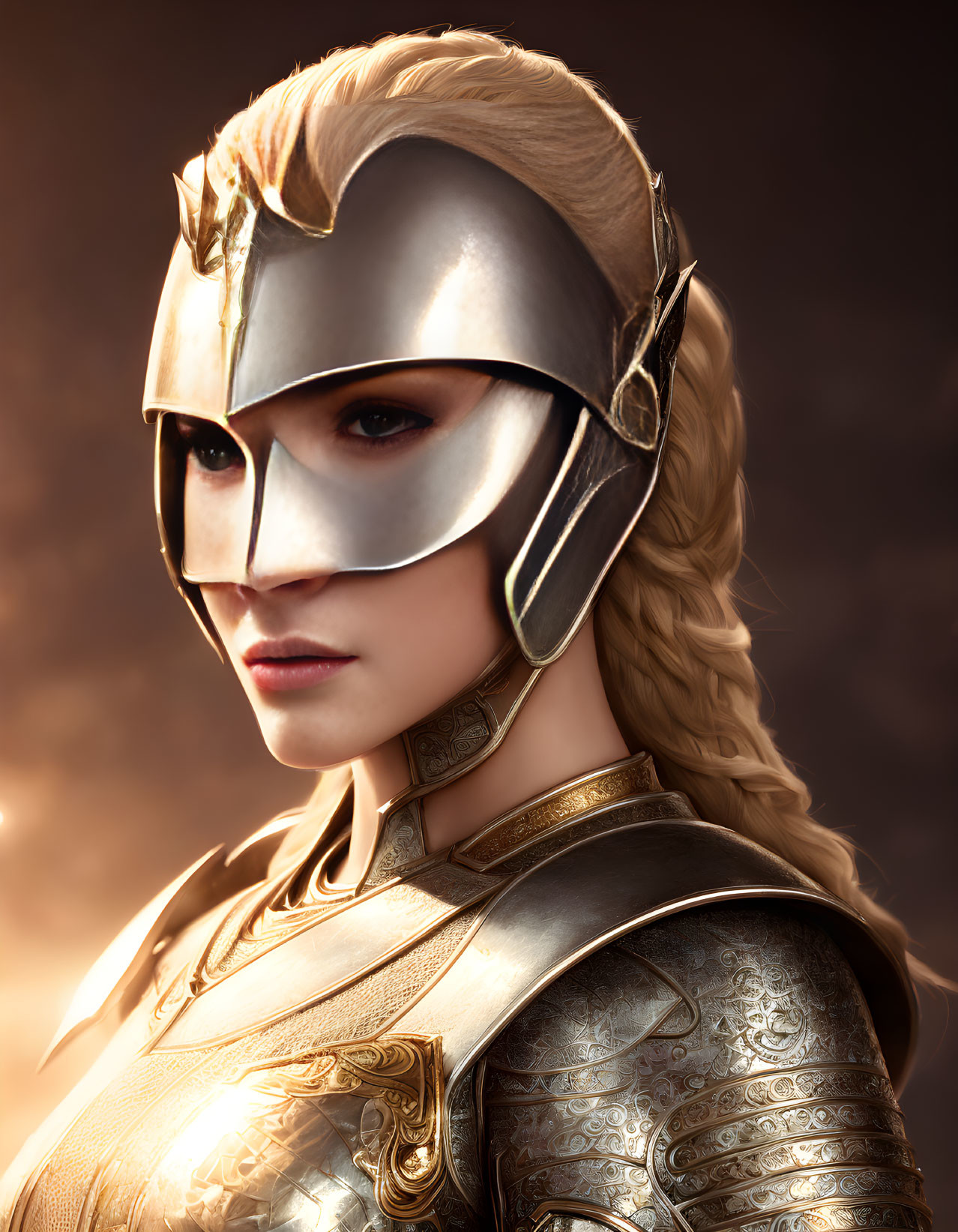 Female Warrior Digital Portrait in Ornate Armor and Helmet