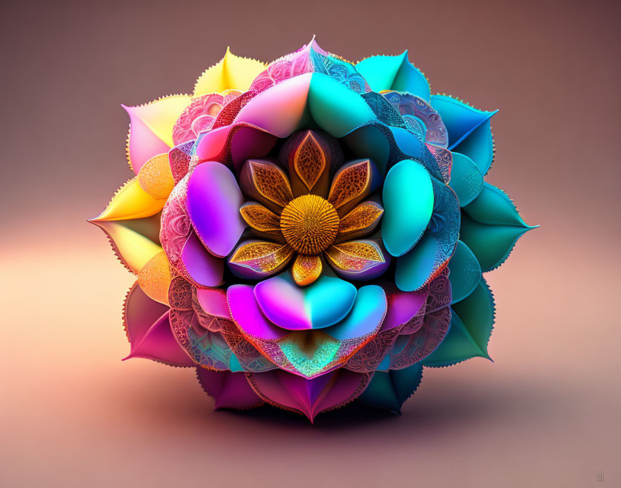 Symmetrical multi-layered floral digital artwork with vibrant color gradient